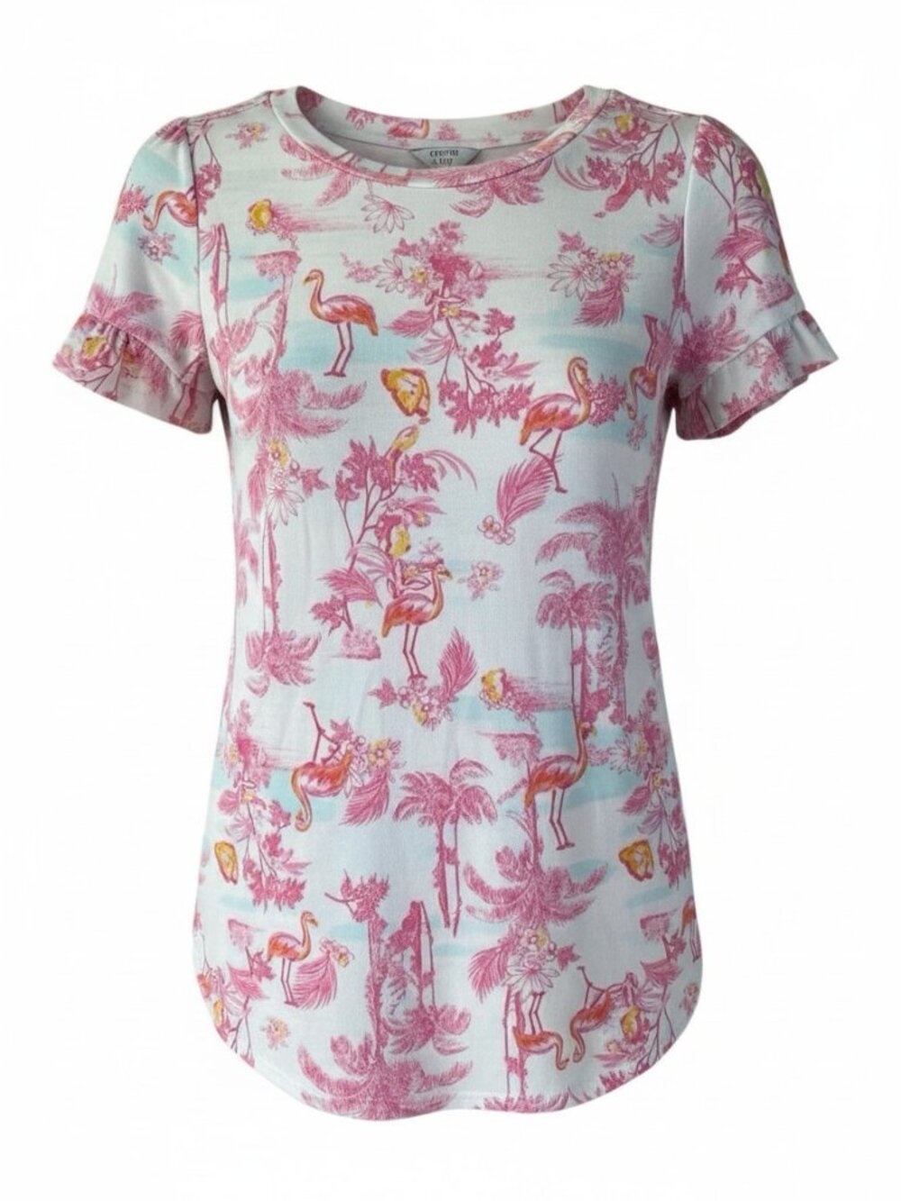 Crown & Ivy Flamingo Top Super Soft Ruffle Sleeve Women's Size S